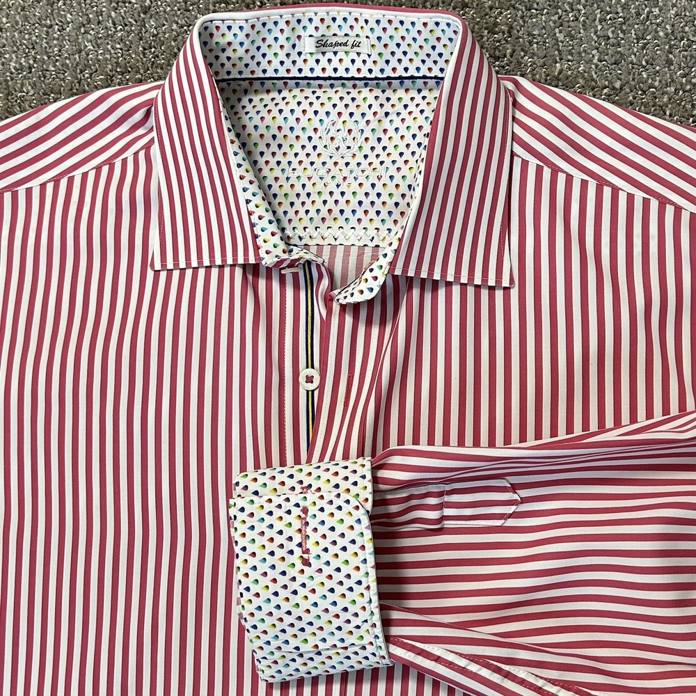 Bugatchi Uomo Shaped Fit Dress Shirt Flip Cuffs-Men's Large-Red White Stripe EUC